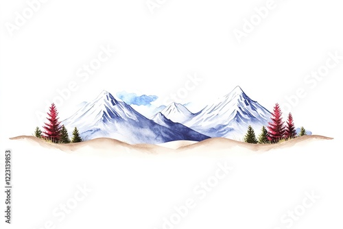 Serene watercolor landscape featuring majestic mountains and vibrant trees under a clear sky