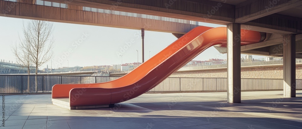 An oversized red slide spirals in an urban playground, bathed in afternoon sunlight, inviting fun and adventure against a city backdrop. An oversized red slide spirals in an urban playground, bathed in afternoon sunlight, inviting fun and adventure against a city backdrop.