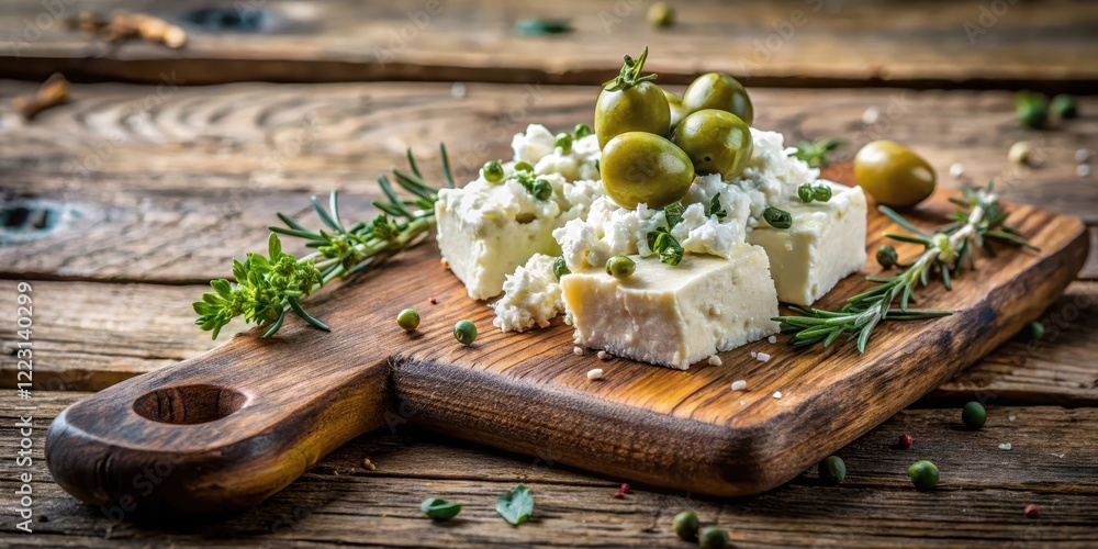 Crumbly white cheese nestled in a bed of fresh thyme and pitted green olives on a rustic wooden board Crumbly white cheese nestled in a bed of fresh thyme and pitted green olives on a rustic wooden board