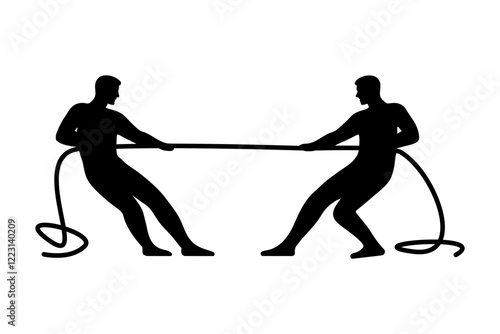 Silhouette of two men playing tug of war, pulling rope, competition concept. vector illustration