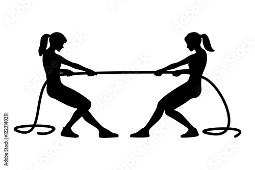 Silhouette of two women playing tug of war, pulling rope, competition concept. vector illustration