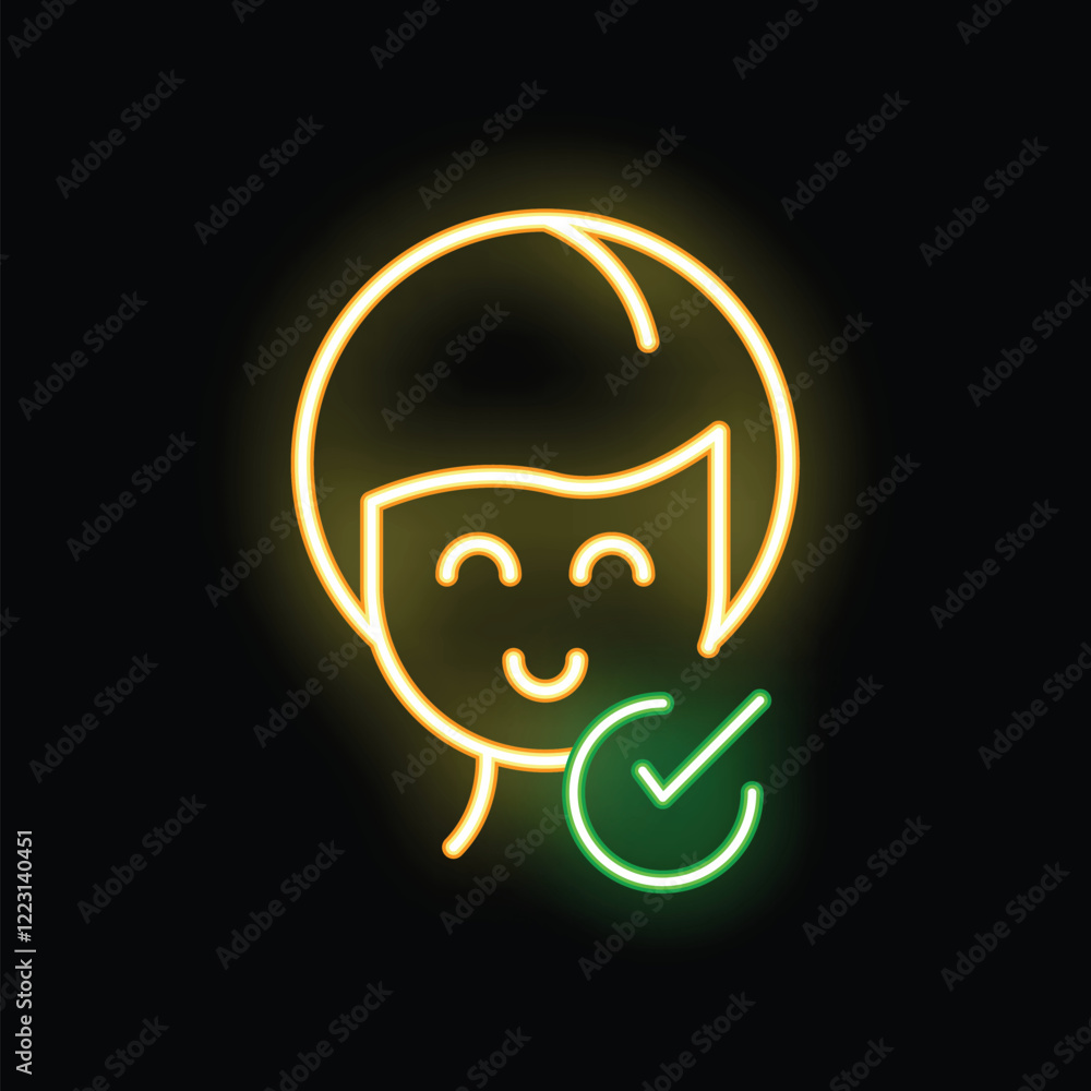 Yellow neon style icon of a happy person with a green check mark, great for satisfaction surveys Yellow neon style icon of a happy person with a green check mark, great for satisfaction surveys