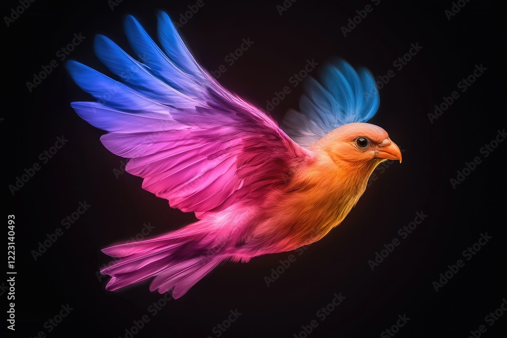 Obraz premium A vibrant, colorful bird in mid-flight, showcasing striking shades of pink and blue against a dark background.