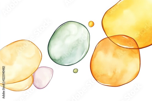 Abstract watercolor blobs in vibrant colors floating on a white background, ideal for design use
