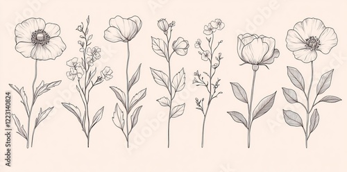 Trendy minimalist floral templates in a line style, ideal for Prins, social media icons, and modern illustrations. This collection includes hand-drawn abstract flower doodles photo