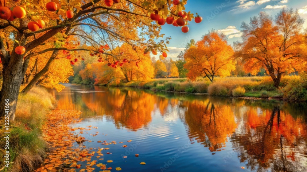 Obraz premium A tranquil orange autumn scene on a river with sunlit trees and ripening fruit along the water's edge , autumn colors, nature photography