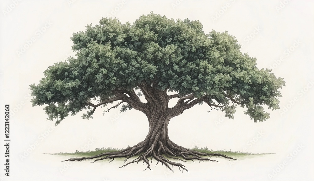 Elegance of an oak tree showcasing its majestic branches and roots in a serene nature setting Elegance of an oak tree showcasing its majestic branches and roots in a serene nature setting