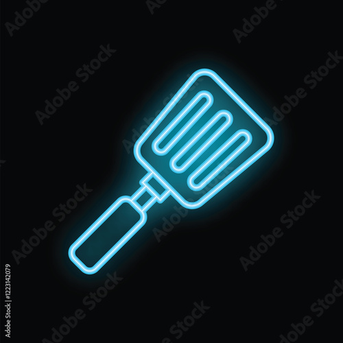 Blue neon icon of a spatula glowing on a black background