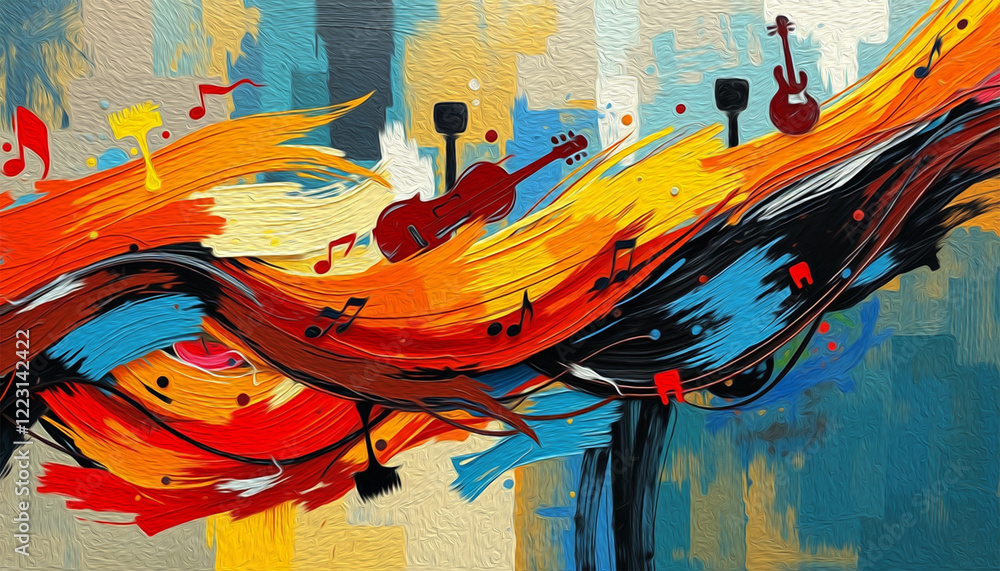 Fototapeta premium Musical pattern. Design for fabrics, wallpapers. Illustration with oil paint for printing on wall decorations