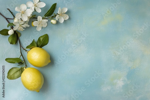 Bright lemons nestled among delicate blossoms on soft blue backd photo