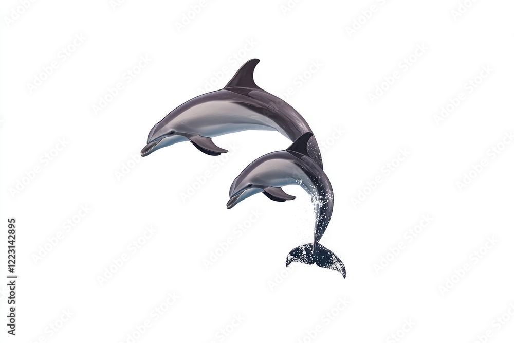 Fototapeta premium Two dolphins leaping gracefully above the water's surface, showcasing their agility and playfulness