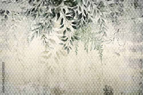 Fototapeta samoprzylepna Floral background for wallpaper, watercolor greenery, can be used as poster. Botanical art. Mural. Leaves on marble.	