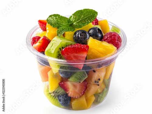 Vibrant fruit salad with strawberries, kiwi, and mango in a clear plastic cup container, isolated on white.