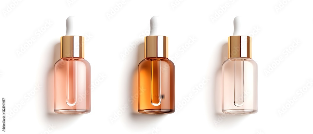 Obraz premium Three bottles of perfume are lined up on a white background