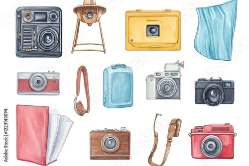 A collection of vintage and modern cameras displayed artistically on a flat surface