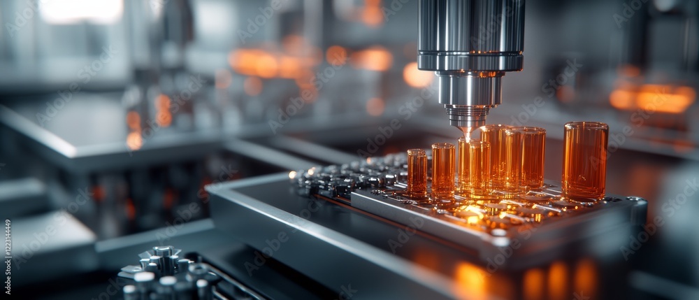 A high-tech manufacturing scene with a precise machine assembling complex components, glowing under ambient industrial lighting. A high-tech manufacturing scene with a precise machine assembling complex components, glowing under ambient industrial lighting.