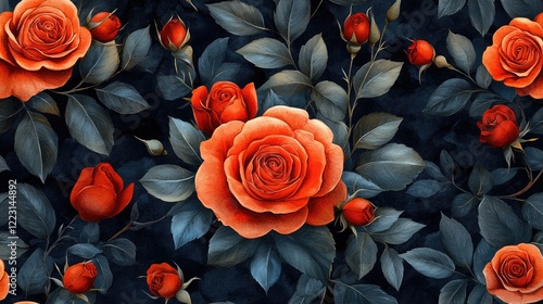 Elegant floral pattern featuring red roses and green leaves on a dark background, ideal for design