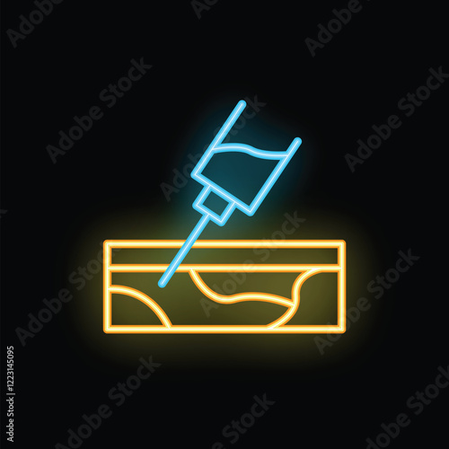 Glowing neon syringe injecting liquid into soil, symbolizing vaccination, soil treatment, or other related concepts
