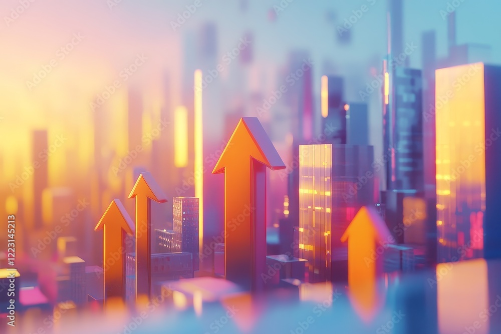 3D graphics with up arrows, cityscape on background, professional style 3D graphics with up arrows, cityscape on background, professional style