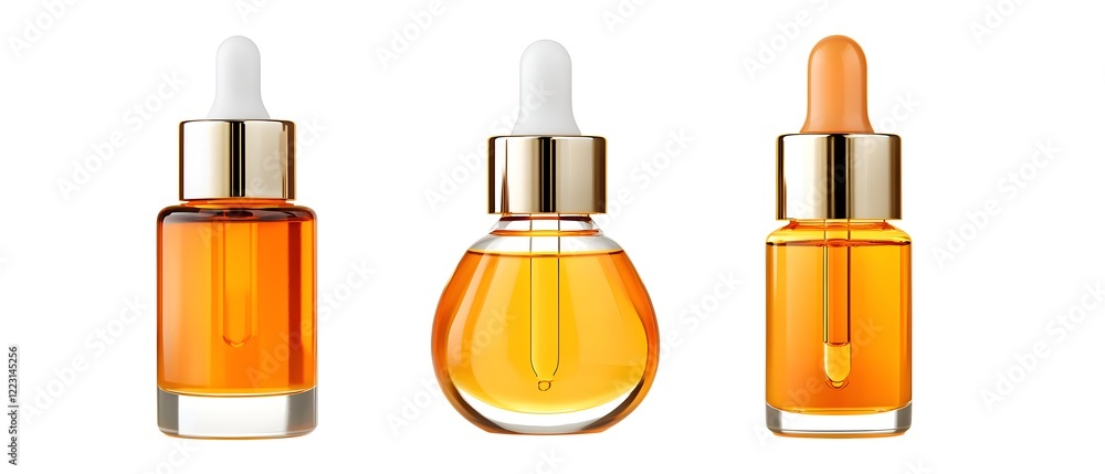 Three bottles of perfume are shown, each with a gold colored top Three bottles of perfume are shown, each with a gold colored top