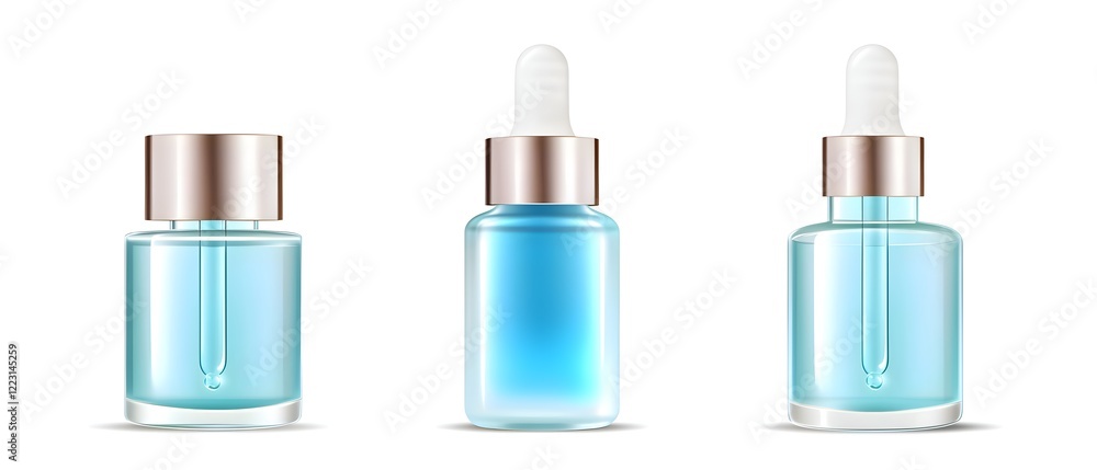 Three bottles of blue liquid with a silver cap Three bottles of blue liquid with a silver cap