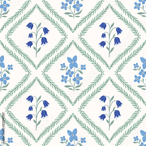 Vintage seamless pattern with bluebells and forget-me-not and green branches, elegant wallpaper, trendy romantic background