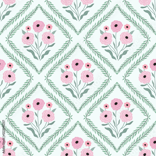 Vintage seamless pattern with spring floral bouquets and branches,  charming delicate wallpaper, trendy background
