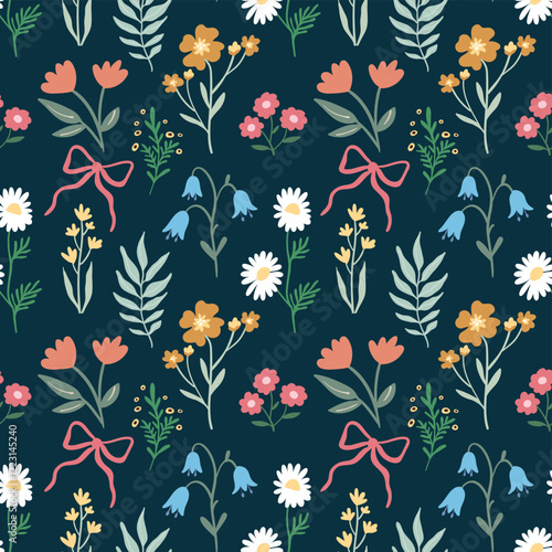 Spring and summer seamless pattern with beautiful flowers, bluebells and coquette bows, decorative wallpaper, trendy background