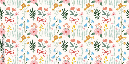 Springtime seamless pattern with beautiful flowers, bluebells and coquette bows, decorative wallpaper in delicate colors, trendy background