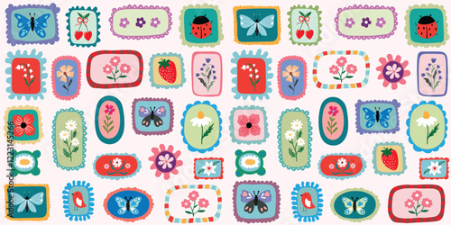 Spring and summer seamless pattern with different colorful frames, floral design, decorative wallpaper, wrapping paper, background