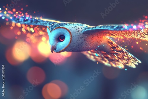 A dynamic and colorful depiction of an owl with piercing eyes, blending realistic and abstract styles photo