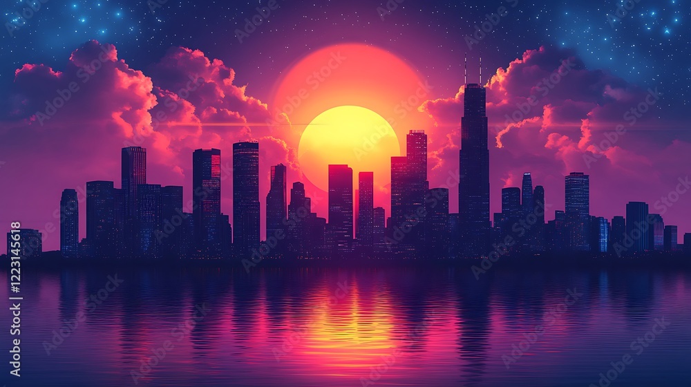 City Skyline Sunset with Vibrant Clouds and Stars City Skyline Sunset with Vibrant Clouds and Stars