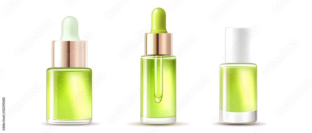 Three green bottles with a green liquid inside Three green bottles with a green liquid inside
