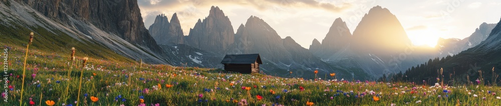 Idyllic alpine meadow at sunset with wildflowers, a wooden cabin, and towering mountains in the background Idyllic alpine meadow at sunset with wildflowers, a wooden cabin, and towering mountains in the background