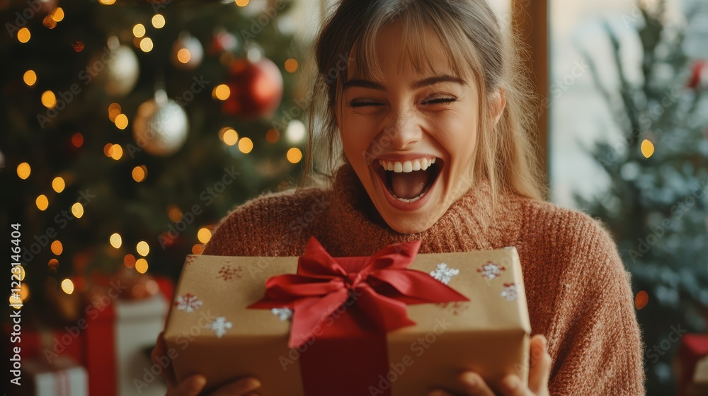 Joyful young caucasian female celebrating christmas with gift near decorated tree Joyful young caucasian female celebrating christmas with gift near decorated tree
