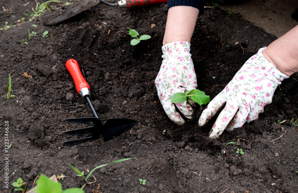 Gardener planting seedlings in rich soil on a sunny day in a backyard garden with tools nearby Gardener planting seedlings in rich soil on a sunny day in a backyard garden with tools nearby
