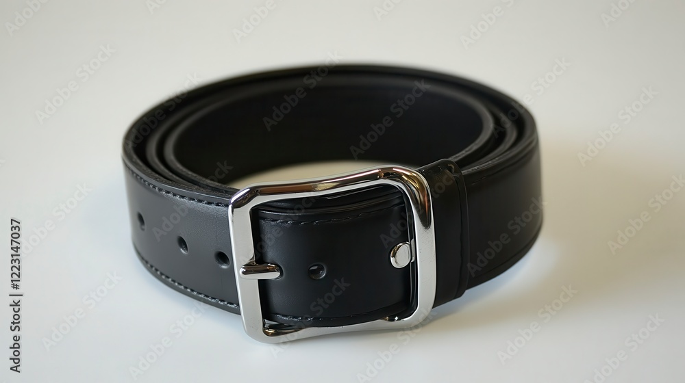 Stylish Black Leather Belt with Silver Buckle Rolled Close up Studio Shot Stylish Black Leather Belt with Silver Buckle Rolled Close up Studio Shot