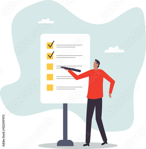 Completed checklist, finishing project tasks or work done conclusion, project management or process plan.business concept.flat character.