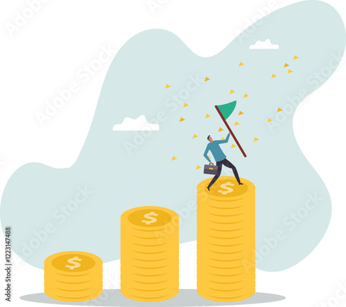 Financial success, reaching financial freedom, money achievement or earning profit or savings or investment goal.business concept.flat character.