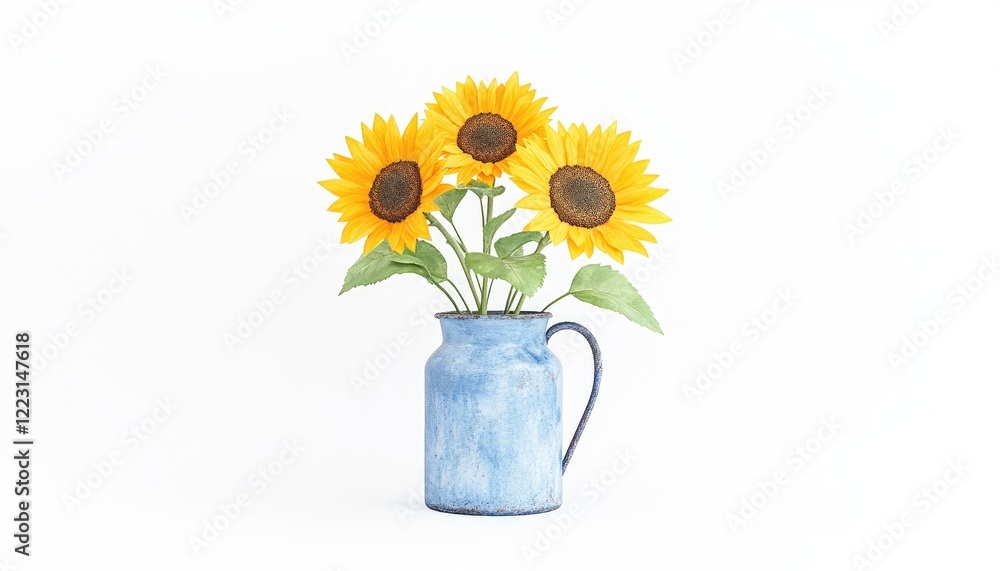 Fototapeta premium A vibrant arrangement of sunflowers in a blue pitcher against a clean white background
