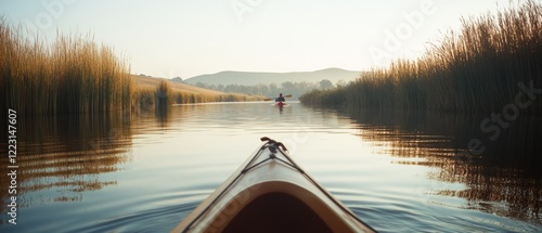 A kayak glides through narrow reeds in a serene waterway, framed by distant hills under a soft morning light, inviting a peaceful adventure. photo