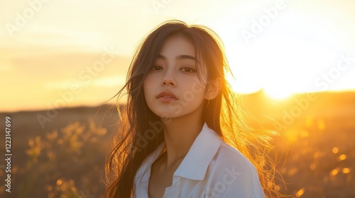 A young woman stands in a field during sunset, capturing a serene and reflective moment.