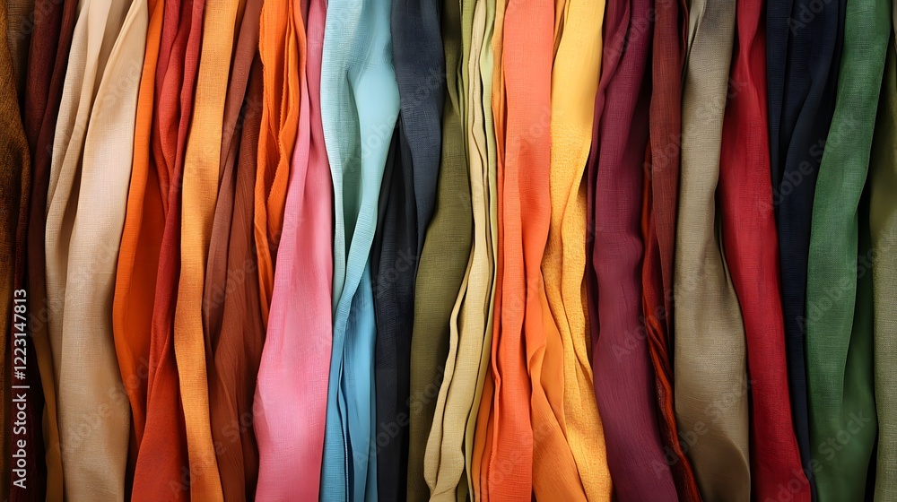 Vibrant Display of Colorful Fabrics in Vertical Stripes for Textile Inspiration and Design Use Vibrant Display of Colorful Fabrics in Vertical Stripes for Textile Inspiration and Design Use