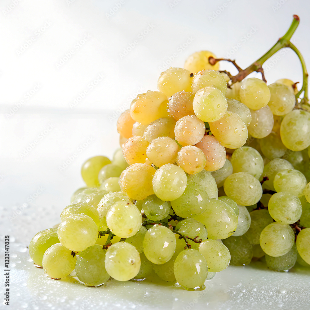 A bunch of fresh green grapes with water droplets on a light background. A bunch of fresh green grapes with water droplets on a light background.