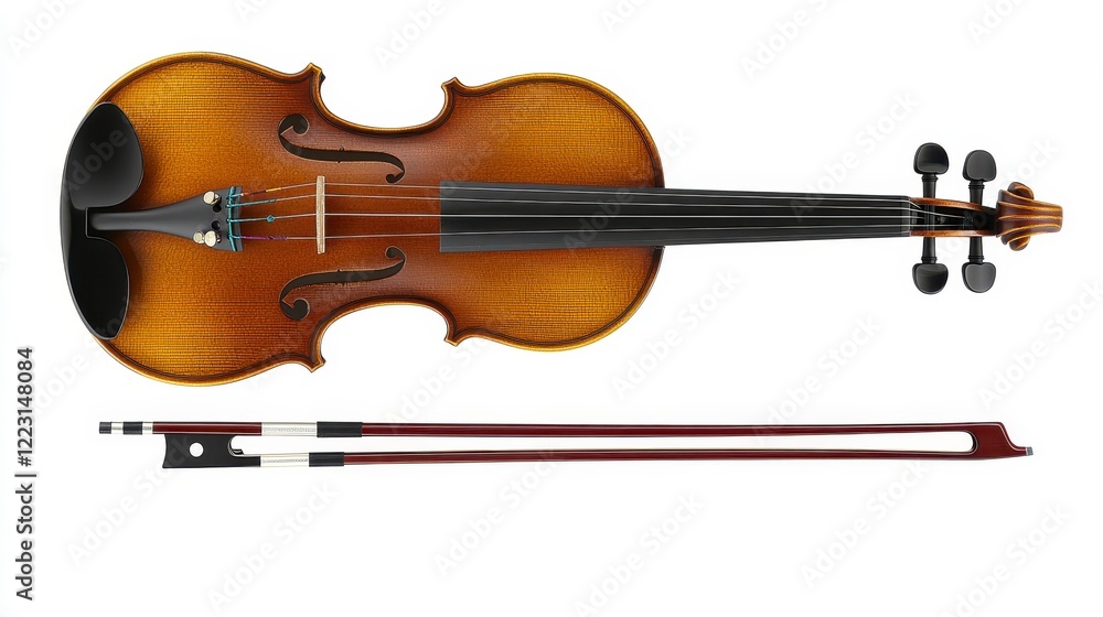 Fototapeta premium High angle Studio Shot of Classic Violin and Bow Isolated on White Background