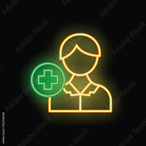 Glowing neon line icon of a doctor or nurse, representing healthcare and medical services