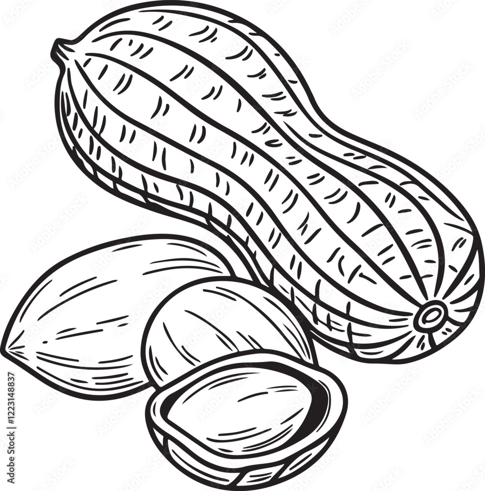 Peanut Nuts Allergy Sketch Drawing Linear Line Art Hand Drawn Black and White Vector Illustration Isolated on White Peanut Nuts Allergy Sketch Drawing Linear Line Art Hand Drawn Black and White Vector Illustration Isolated on White