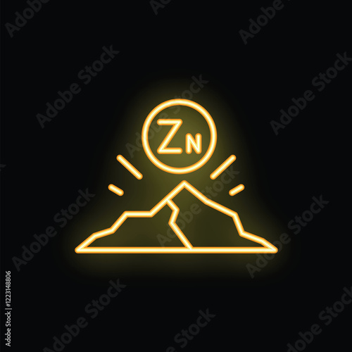 Yellow neon icon representing the mining industry and zinc extraction from mountains