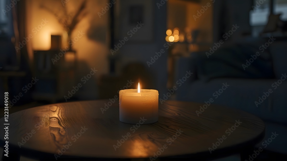 Single candle illuminating a table in a dimly lit modern home, symbolizing a sudden power outage, creating a calm yet slightly eerie atmosphere in a quiet setting. Single candle illuminating a table in a dimly lit modern home, symbolizing a sudden power outage, creating a calm yet slightly eerie atmosphere in a quiet setting.