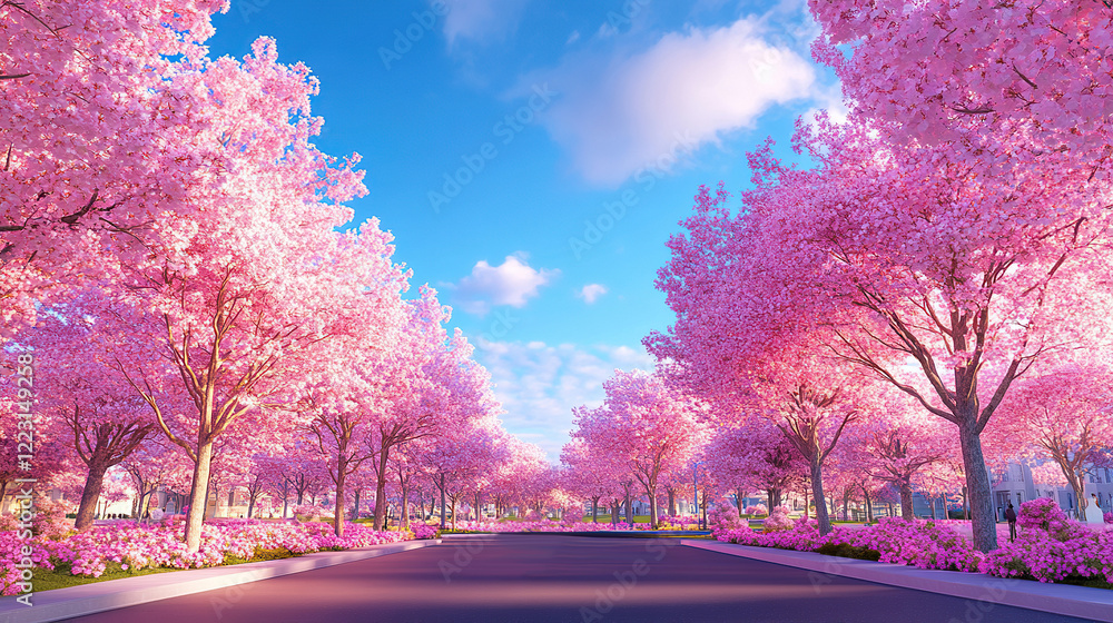Cherry blossom trees create a vibrant avenue of pink petals under a bright blue sky in spring Cherry blossom trees create a vibrant avenue of pink petals under a bright blue sky in spring